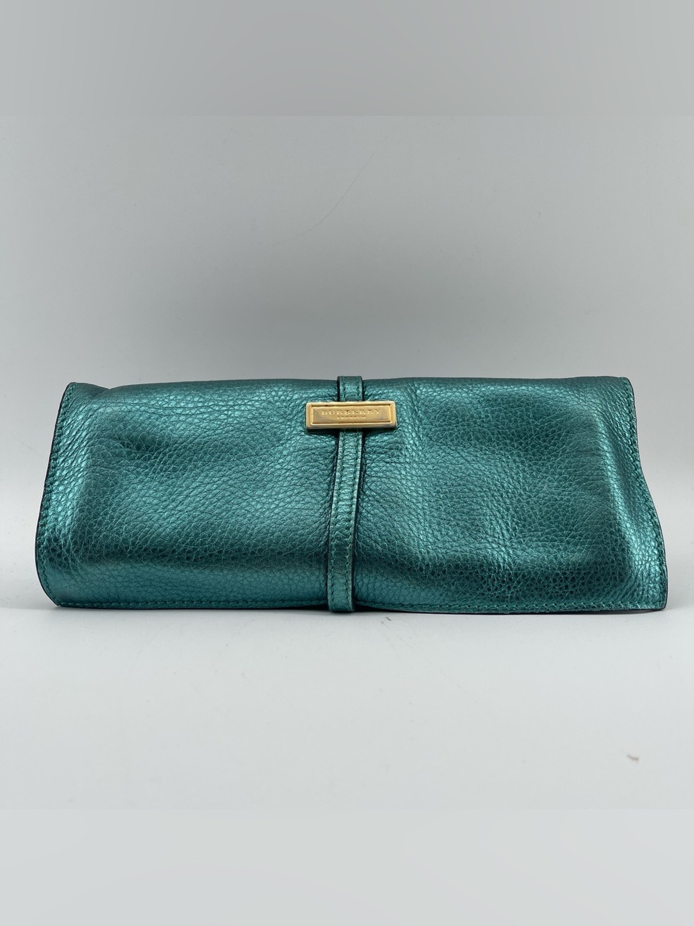 Burberry Teal Metallic Leather Clutch with Gold Plaque